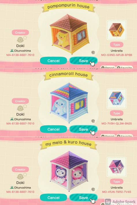 I am not the creator of these designs! Only found them while browsing the custom design portal, and I wanted to share since I could not seem to find it posted anywhere. If you find the proper credit to original creator, then please let me know the link! cinnamoroll, pompompurin, my melody pet houses - Creator Code: MA-6138-6687-7610 My Melody Animal Crossing Designs, My Melody Animal Crossing Qr Codes, Animal Crossing My Melody Design, Acnh Cinnamoroll Custom Design, Cinnamoroll Acnh Code, Sanrio Custom Designs Animal Crossing, Cinnamoroll Acnh Design, Animal Crossing Cinnamoroll Design, Acnh Sanrio Design Codes