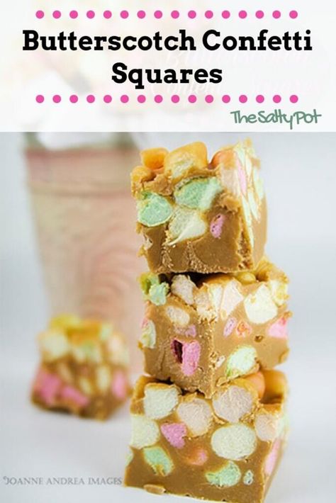 These butterscotch confetti squares are so delicious, they melt in your mouth! Super easy to make, these marshmallow treats with butterscotch chips come together in a snap! Confetti Squares, Peanut Butter Marshmallow Squares, Marshmallow Fudge, Fudge Dessert, Marshmallow Bars, Dessert Squares, Confetti Bars, Peanut Butter Marshmallow, Colorful Desserts