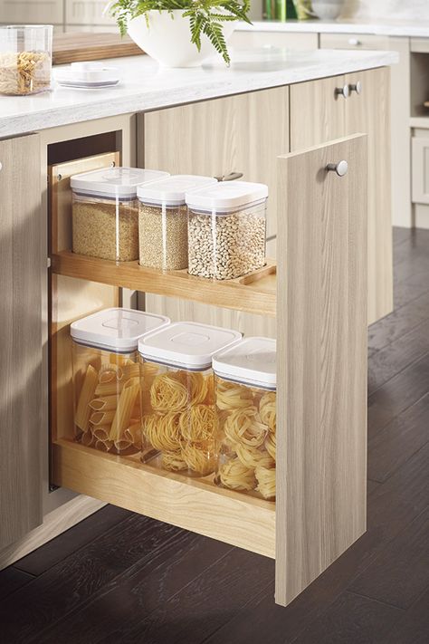 Canister Storage...a great solution for the odd narrow cabinet :: Diamond Cabinetry through Lemongrass Interiors Narrow Cabinet, Organized Kitchen, Kabinet Dapur, Narrow Kitchen, Organization Products, Kitchen Drawer Organization, Kitchen Pantry Cabinets, Kitchen Cabinet Organization, Kitchen Room Design