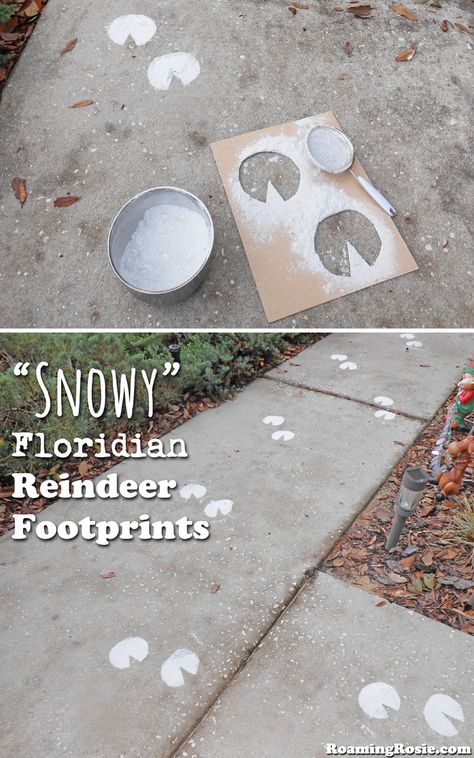 These fun “Snowy” Floridian Reindeer Footprints were inspired by a conversation with a friend. He was telling me about how they used to make reindeer footprints in the snow on Christmas… Diy Santa Footprints Christmas Morning, Footprints In The Snow Activities, Diy Santa Footprints, Santa Was Here Ideas Diy, Santa Footprint Ideas, Christmas Footprint Crafts, Reindeer Footprint, Easter Bunny Footprints, Footprints In The Snow