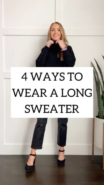 Green Long Sweater Outfit, How To Style A Tunic Sweater, Styling Long Sweaters, Long Turtleneck Sweater Outfit, Black Tunic Sweater Outfit, How To Wear Long Sweaters, How To Style A Long Sweater, Turtleneck Tunic Outfit, How To Style Long Sweaters