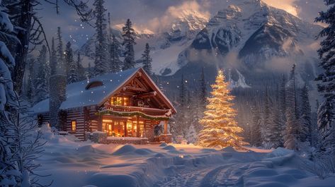 "Winter Wonderland Cabin: A cozy #retreat adorned with #holidaylights stands amidst a snowy landscape under a serene mountain backdrop. #naturephotography #cozyliving #winterscape #holidayseason #digitalartwork #creativeai #photographyart #aesthetic ⬇️ Download and 📝 Prompt 👉 https://stockcake.com/i/winter-wonderland-cabin_1093926_99591". Winter Cabin Art, Christmas Aesthetic Landscape, Snowy Cabin In The Woods, Christmas Cabin In The Woods, Cozy Christmas Cabin, Cozy Winter Cabin, Snow Cabin, Snowy Cabin, Cabin Fireplace