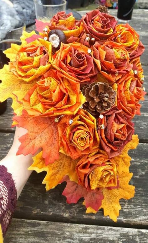 Handmade with florest wire, synthetic leaves to preserve bouquet, Diamante Crystals, real pinecone, conker, satin ribbon handle/backing (Handmade by the bride) Preserve Bouquet, Bouquet Preservation, Wedding Bouquet, Satin Ribbon, Pine Cones, Fall Wreath, Pretty Things, Bouquets, The Bride