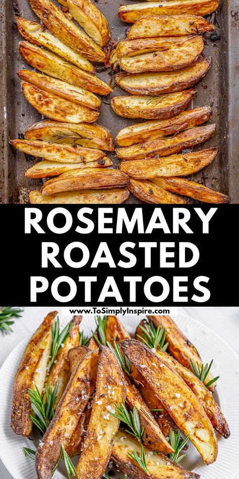 These garlic rosemary roasted potatoes are a delicious, easy side dish to make to go alongside so many meals.  I love how soft they are on the inside and crispy on the outside they are! Rosemary Potatoes Roasted, Russet Potato Side Dishes, Roasted Potatoes In Oven, Rosemary Garlic Potatoes, Garlic Potatoes Recipe, Russet Potato Recipes, To Simply Inspire, Crispy Roasted Potatoes, Magical Food