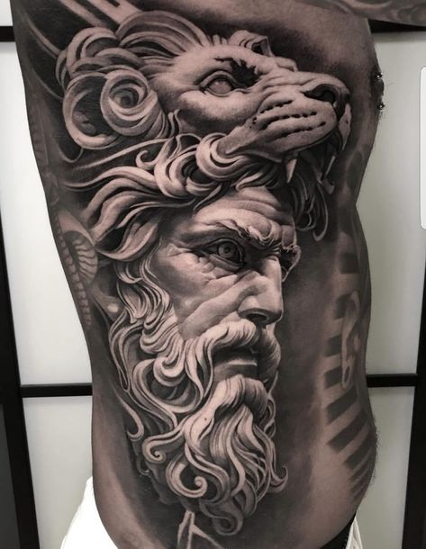 Cerberus Tattoo Greek Mythology, Moses Tattoo, Greek Mythology Tattoos Sleeve Ideas, Greek Sculpture Tattoo, Greek God Tattoo, Zeus Tattoo, Torso Tattoos, Greek Mythology Tattoos, God Tattoos