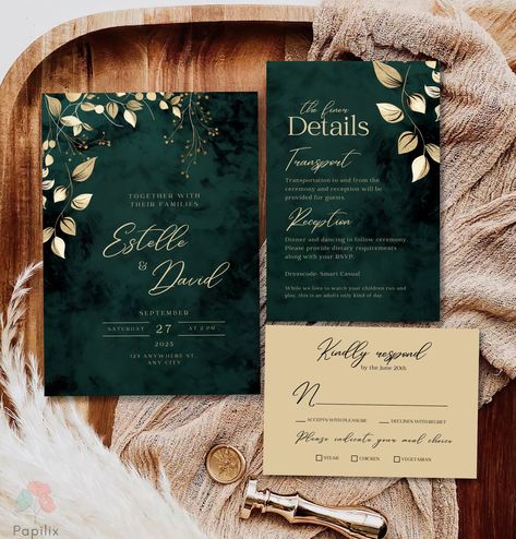 This wedding invitation captures the essence of elegance with its rich emerald green and luxurious gold accents, making it perfect for a sophisticated botanical-themed wedding. The dark green background, adorned with delicate gold floral illustrations, creates a striking contrast that exudes class and charm. The modern typography adds a touch of contemporary flair, ensuring your wedding stationery stands out beautifully. TRY BEFORE YOU PURCHASE Copy the link and paste it into your browser.   DEM Green And Gold Spring Wedding, Green Art Deco Wedding, Forest Green Wedding Invites, Emerald And Navy Wedding Color Schemes, Dark Green And Bronze Wedding, Emerald Gold And Black Wedding, Forest Green Wedding Invitations, Wedding Invitations Green And Gold, Dark Green And Gold Wedding Theme