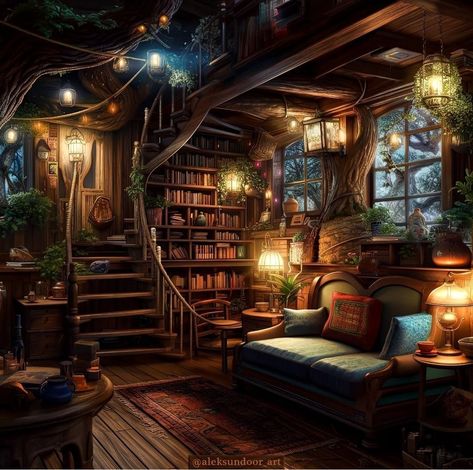 Fantasy Book Store Concept Art, Fantasy Home Interior Concept Art, Fantasy Treehouse Interior, Fantasy House Interior Art, Fantasy Interior Design, Fantasy Cottage Interior, Fantasy Apartment, Fantasy House Interior, House Concept Art