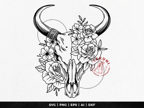 Bull Skull Floral Tattoo, Bull Skull Flower Tattoo, Western Tattoo With Flowers, Bull Skull Illustration, Cow Skull Illustration, Cow Skull With Flowers Tattoo, Cow Skull Tattoo Flowers, Bull Skull Tattoo With Flowers, Pyrography Hats