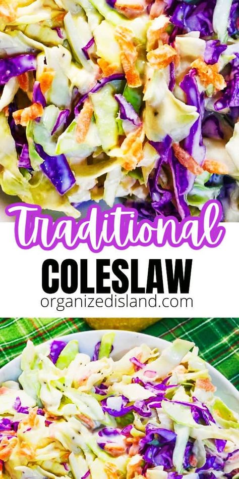 This traditional coleslaw recipe is made with two types of cabbage and a vinegar and mayo based dressing. So delicious and it goes fast so you might want to double the recipe! Vinaigrette Coleslaw, Coslaw Recipes, Traditional Coleslaw Recipe, Classic Coleslaw Recipe, Classic Coleslaw, Types Of Cabbage, Coleslaw Dressing, Homemade Coleslaw, Vinaigrette Salad