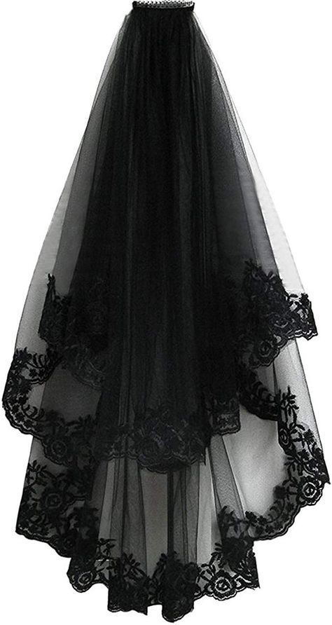 Pamor Black Lace Veil Creative Mantilla Cathedral Tulle Sheer Wedding Halloween Veil for Bride With Comb at Amazon Women’s Clothing store Black Lace Veil, Black Bridal Veil, Color Veil, Lace Veils Bridal, Bride Veil, Wedding Bridal Veils, Cathedral Wedding, Goth Wedding, Lace Veil