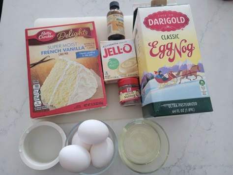 Egg Nog Dump Cake, Egg Nog Cake Recipes, Eggnog Cake Mix Cookies, Eggnog Cake Mix Recipe, Egg Nog Pound Cake Recipe, Egg Nog Loaf Cake, Eggnog Cupcakes Box Cake, Eggnog Bundt Cake Recipes, Cake Mix Eggnog Bread