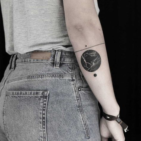 Black marble circle tattoo by Aga Kura inked on the right forearm Marble Tattoo, Luna Tattoo, Round Tattoo, Circle Tattoos, Circle Tattoo, Cool Arm Tattoos, Geometric Circle, Tattoo Placement, Moon Tattoo