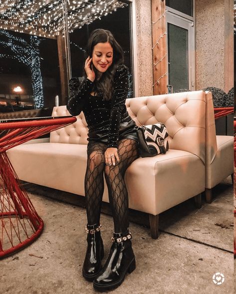 Gucci Boot Outfit, Gg Tights Outfit, Black Gucci Tights Outfit, Gucci Tights Outfit Ideas, Gucci Tights Outfit, Patterned Tights Outfit, Gucci Tights, Gucci Outfit, Black Boots Outfit