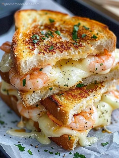 Savor The Unforgettable Cheesy Garlic Bread Shrimp Grilled Cheese - My Home Made Recipe Garlic Cheese Sandwich, Shrimp Melt Sandwich, Gourmet Food Recipes, Garlic Bread Grilled Cheese, Shrimp Grilled, Tuscan Salmon, Shrimp Appetizer, Home Made Recipes, Shrimp Sandwich