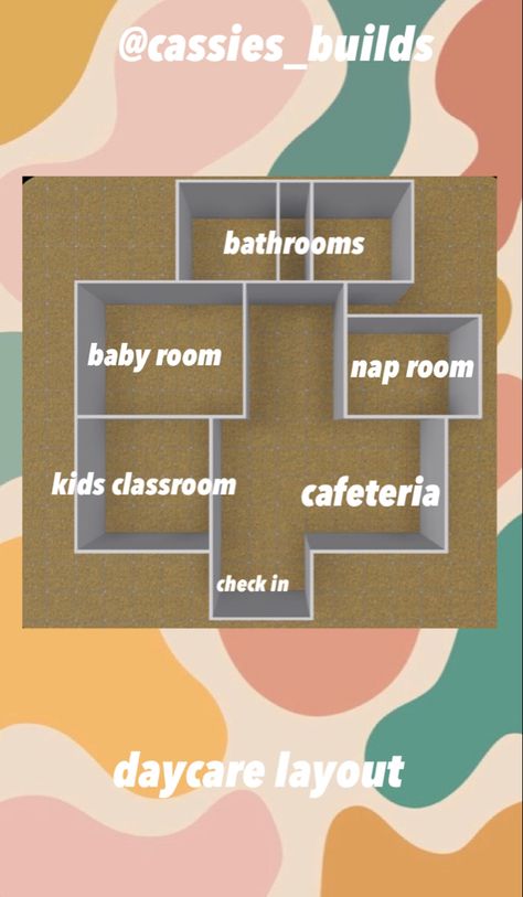 Small Daycare Layout, Bloxburg Restaurant Ideas Layout, Daycare Interior Design, Daycare Layout, Bloxburg Layout, Bloxburg Town, Single House, Kawaii Cups, School Decal