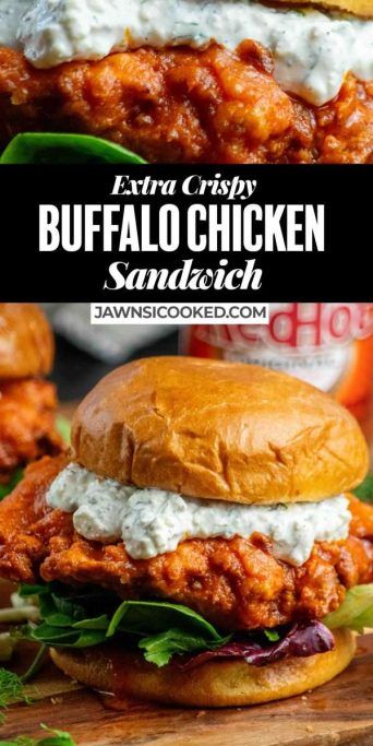 This crispy, crunchy, flavor-packed, buttermilk marinated buffalo chicken sandwich recipe uses a special ingredients for ultra-crispy breading, with a tangy homemade dilly blue cheese sauce and toasted brioche buns! Buffalo Sandwich Recipes, Buffalo Turkey Sandwich, Breaded Buffalo Chicken Sandwich, Homemade Buffalo Chicken Sandwich, Buffalo Ranch Chicken Sandwich, Easy Buffalo Chicken Sandwich, Buffalo Chicken Patties, Buffalo Chicken Subs, Blue Cheese Sandwich Recipes