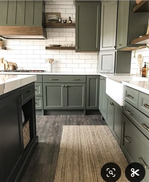 Green Cabinets Kitchen Grey Floor, Green Cabinets Grey Floor, Dark Grey Floors Kitchen, Grey Floors Kitchen, Grey And Green Kitchen, Kitchen Dark Floor, Green Cabinets Kitchen, Barndo Kitchen, Grey Floors