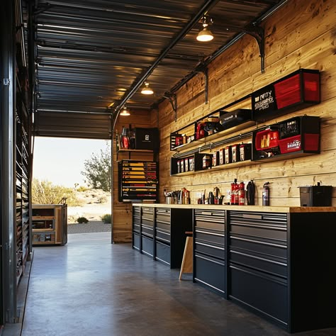 Mancave Workshop Ideas, Home Car Workshop, Outdoor Workshop Ideas, Workshop Garage Design, Aesthetic Garage Interior, Garage Shop Organization, White Garage Interior, Bardominium Garages, Workshop Room Design