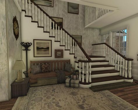 drew on Instagram: “my fav staircase 🤭🤍 also interior speedbuild for the winter home is out! ☕️ - - - tags: #bloxburg #bloxburghouse #robloxroleplay…” Bloxburg Spiral Stairs Ideas, Bloxburg House Ideas 2 Floor Layout Realistic, Mediterranean Bloxburg Interior, Bloxburg Mediterranean House Ideas, Bloxburg Hall Ways Ideas, Roblox Bloxburg Foyer Ideas, Bloxburg Stairway Ideas, Bloxburg House Entry Ideas, Mediterranean Bloxburg House Interior