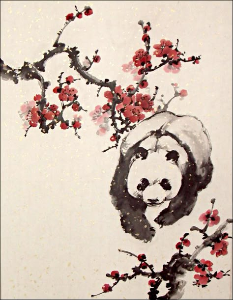 Spring panda by Dragon-Koi.deviantart.com Panda Painting, Panda Tattoo, Fu Dog, Bear Tattoos, Asian Tattoos, Panda Art, Blossom Tattoo, Asian Painting, Tinta China