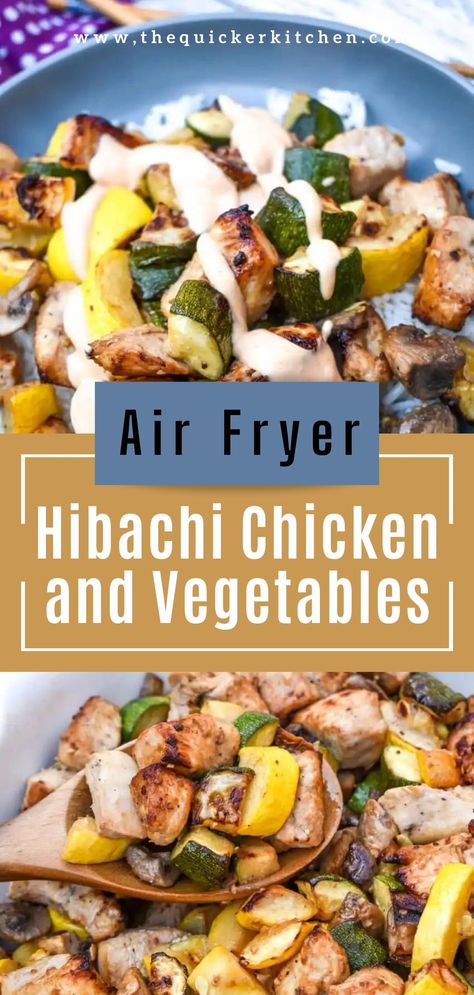 This air fryer hibachi chicken and vegetable recipe tastes exactly like what we’d order from our favorite Japanese steakhouse. And it’s easy to make, good for you, and good for your wallet too! Enjoy this chicken and vegetable medley for your next family meal! Visit thequickerkitchen.com and save this family friendly recipe today! Chicken And Vegetable Recipes Air Fryer, Chicken And Steamed Veggies, Healthy Hibachi Chicken And Vegetables, Chicken Veggies Air Fryer, Low Carb Hibachi Chicken, Keto Hibachi Chicken, Hibachi Recipes Air Fryer, Air Fryer Chicken And Zucchini, Chicken Hibachi Recipe At Home