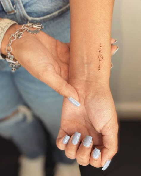 Writing Wrist Tattoos For Women, Small Tattoos Side Of Wrist, Live And Love Tattoo, Quote Tattoo Minimalist, Wrist Tattoo Placement Writing, Tiny Lettering Tattoo, Text On Wrist Tattoo, Wrist Font Tattoo, Remain In Me Tattoo