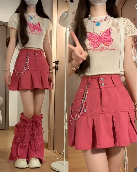 Pastel Red Outfit, Colourful Korean Outfits, Colorful Kpop Outfits, Kawaii Jean Skirt Outfits, Korean Skirts, Cute Skirt Outfits Korean Pink, Harajuku Style Pink Ruffled Skirt, Pink Harajuku Ruffle Skirt, Pink Harajuku Mini Skirt