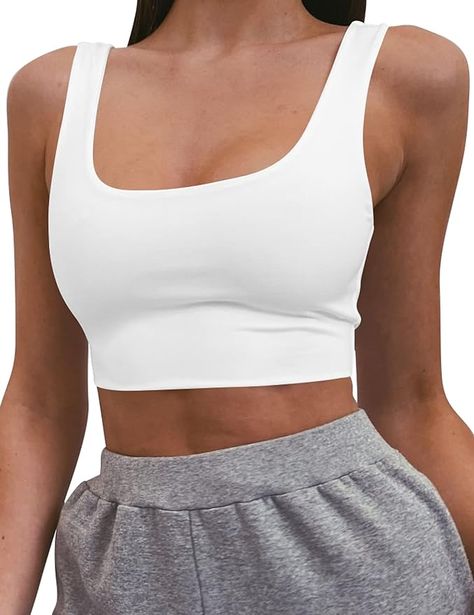 Mizoci Women's Basic Sleeveless Square Neck Cropped Double Layer Sexy Crop Tank Top,Large,White at Amazon Women’s Clothing store Taylor Swift Sweatshirt, Denim Tube Top, Low Cut Blouses, Amazon Favs, Textured Tank Top, White Crop Tank, White Crop Top Tank, Tank Top White, Crop Top Bra