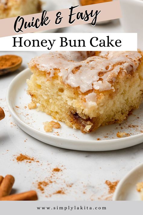 This Honey Bun Cake Recipe is a sweet and buttery cake that is easy to make, plus it's fluffy and delicious. It contains everything that you love about cinnamon rolls transformed into cake form. simplylakita.com #honeybuncake Cinnamon Honey Bun Cake, Vanilla Honey Cake, Honeybun Cake Recipe Easy, Honey Bun Cake With Box Cake, Honey Bun Recipe, Dutch Honey Cake, Honeybun Cake Recipe, Honey Bun Cake Recipe, Bun Cake Recipe