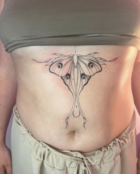 Artist: Elena — Instagram: cultofspice — michigan tattoo artist - moth tattoo - luna moth tattoo - fineline tattoo - fine line tattoo - cool tattoo - stomach tattoo - sternum tattoo - animal tattoo - acotar tattoo Moth Tattoo Design Sternum, Sternum Luna Moth Tattoo, Fine Line Luna Moth Tattoo, Sternum Moth Tattoo, Moth Stomach Tattoo, Luna Moth Sternum Tattoo, Moth Sternum Tattoo, Michigan Tattoos, Luna Moth Tattoo