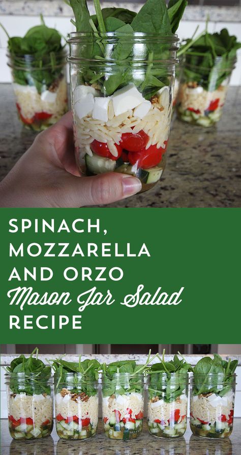 Caprese Salad In A Jar, Orzo Mason Jar Salad, Spinach Mozzarella, Jar Meals, Jar Salad, Mason Jar Salad Recipes, 2b Mindset, Salad Meal Prep, Orzo Salad