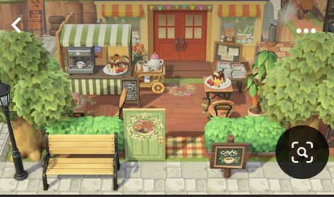 Outdoor Cafe Anch, Nooks Cranny Inspo Acnh, Nooks And Cranny Ideas Animal Crossing, Anch Nooks Cranny, Nook's Cranny Animal Crossing, Animal Crossing Downtown, Nook’s Cranny Ideas, Animal Crossing Nook Cranny Ideas, Nooks Cranny Decor Ideas Acnh