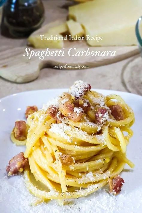 Spaghetti Carbonara Traditional Recipe | Italian Spaghetti alla Carbonara Roman Carbonara Recipe, Carbonara With Guanciale, Recipes With Pecorino Romano, Italian Pasta Carbonara, Roman Pasta Recipes, Homemade Carbonara Pasta, Carbanora Recipe, Guanciale Carbonara, Pecorino Romano Recipes