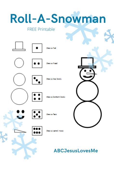 Roll-a-Picture are fun games to incorporate fine motor skills, visual perception skills, taking turns, and family time!  Think Cootie with a pencil. With the temperatures cold, enjoy the Roll-a-Snowman option. #rollapicture #preschoolfinemotor #ABCJesusLovesMe #papercootie Roll A Snowman Free Printable, Roll A Snowman Dice Game Free Printable, Preschool Stations, Roll A Snowman, Resident Activities, Outer Space Crafts, Snowman Games, January Activities, Ghost Crafts