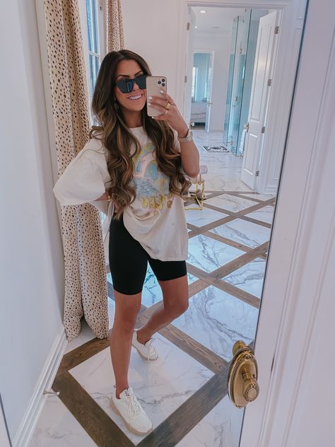 spanx biker shorts, biker shorts trend outfiit ideas, reebook white chunky shoes, summer fashion 2020, emily gemma Bike Shorts Outfit Summer, Biker Shorts Outfit Summer, Looks Com Short, Bike Shorts Outfit, Biker Shorts Outfit, Look Short, Summer Shorts Outfits, Mom Outfits, Spring Summer Outfits