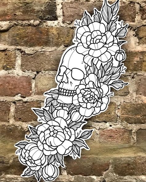 Sam King on Instagram: "🤍 skull and peony’s 🤍" Traditional Tattoo Outline, Bird Tattoo Sleeves, Traditional Skull, Traditional Tattoo Stencils, Trad Tattoos, Patchwork Tattoos, Sam King, Best Cover Up Tattoos, American Traditional Tattoo Ideas