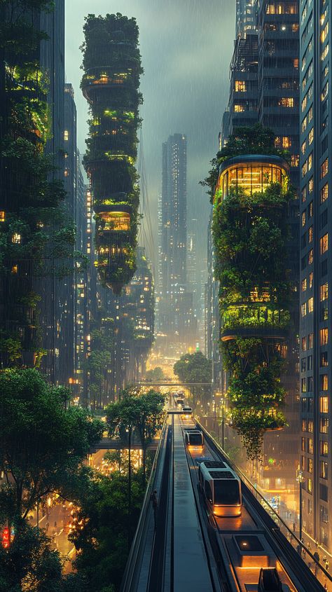 🌆✨ Explore a breathtaking futuristic city where nature and modern architecture unite! Skyscrapers adorned with lush vertical gardens and eco-friendly transport bring life to pedestrian-friendly streets. Witness the harmony of technology and nature at dusk! #FuturisticCity #NatureMeetsArchitecture #EcoFriendly #midjourney Modern World Aesthetic, Futuristic Nature City, Futuristic Technology Wallpaper, Futuristic Scenery, Utopian Aesthetic, Advanced City, Utopian City, Dystopian City, Fictional City