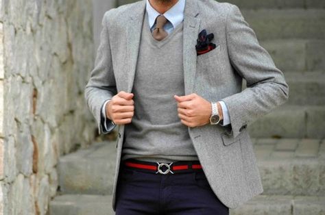 Gray on gray Suit Blue, Grey Suit, Mens Fashion Blog, Mens Style Guide, Sharp Dressed Man, Well Dressed Men, Blue Sweater, Gentleman Style, Suit And Tie