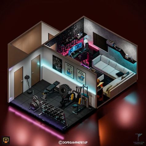 Gaming Setups | 3D Models 🔵 on Instagram: "A living turned to Gaming and chill area, connected to a home gym 🏋️‍♂️. It also has a small retro corner. Pretty loud design in general but I had to remould my choices according to what I am asked to ... If you're looking to get a room designed DM us ! (Paid) Follow @dopegamingsetup #3droom #homegym #3dgamingsetups #roomdecor #roominspiration #gamingroom #gamingroomsetup #dopegamingsetup #setups #setupgamer #dreamsetup #setupsforgaming #gameroomse Small Game Room Ideas, Gaming Bedroom, Small Game Rooms, Gym Room At Home, Home Gym Decor, Gaming Setups, Gym Room, Gym Decor, Gaming Room Setup