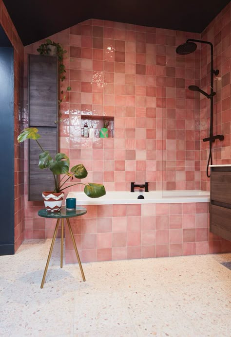 Budget breakdown: Sarah Drumm's €7,500 pink family bathroom makeover | HouseAndHome.ie Pink Rustic Bathroom, Pink Terracotta Bathroom, Old Pink Bathroom, Square Tiles Kitchen, Old Pink Tile Bathroom Ideas, Dark Pink Bathroom, Pink Tiles Bathroom, Pink Zellige Tile, Pink Tiled Bathroom