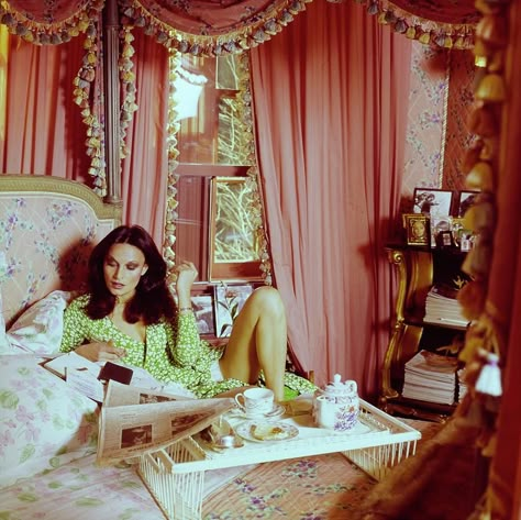 Diane Von Furstenberg In Her Bedroom Photograph by Horst P. Horst | Pixels Slim Aaron, 70s Bedroom, Villa Interior, W Hotel, Bohemian Bedroom Decor, Bohemian Bedroom, Pink Room, Design Magazine, Breakfast In Bed