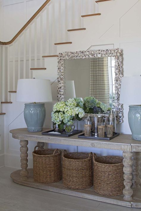 Breezy seaside home makeover nestled on Florida's Emerald Coast Coastal Entryway, Stair Case, Entryway Console Table, Foyer Decorating, Coastal Living Rooms, Coastal Furniture, Decor Pillows, Entry Table, Cool Ideas