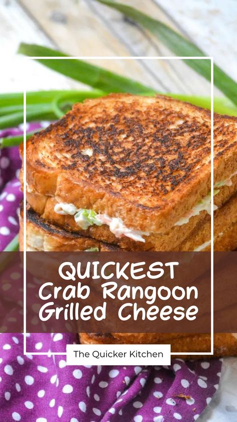 Give the classic grilled cheese a delicious twist by combining it with the flavor of your favorite Asian appetizer. This crab rangoon grilled cheese takes a childhood favorite and gives it a gourmet flavor upgrade, that’s still quick & easy to whip together for lunch or dinner. View this easy recipe on The Quicker Kitchen. Grilled Cheese With A Twist, Upgrade Grilled Cheese, Seafood Grilled Cheese, Crab Rangoon Sandwich, Fun Grilled Cheese Recipes, Crab Rangoon Grilled Cheese, Crab Grilled Cheese Sandwiches, Crab Grilled Cheese, Cheese Recipes Easy