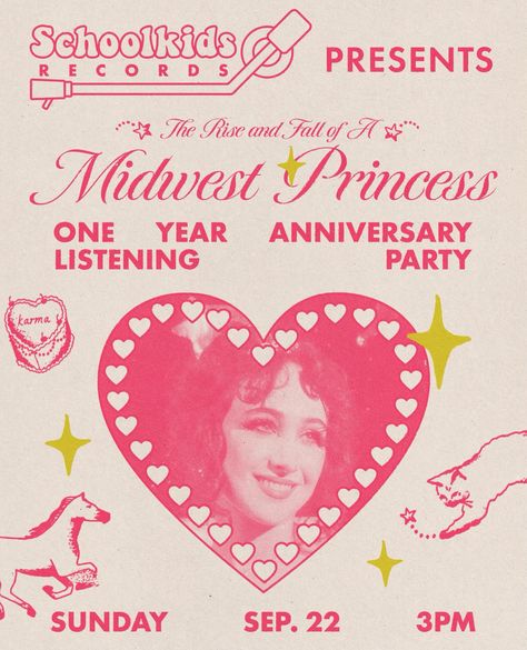 chappell roan's 'midwest princess' 1 year anniversary  listening party poster. (via schoolkidsvinyl on ig) Chappell Roan Birthday, Chappell Roan Poster Aesthetic, Chappell Roan Playlist Cover, Chappell Roan Poster, Chappell Roan Poster Print, Chappell Roan Poster Naked In Manhattan, Listening Party, Midwest Princess, 1 Year Anniversary