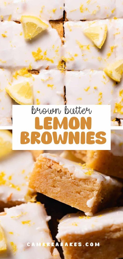 Lemon brownies are a citrusy twist on classic chocolate brownies! Featuring a bright and zesty lemon flavor, a chewy and fudgy texture, and a fresh lemon glaze on top. They're perfect for lemon lovers! Fresh Lemon Recipes, Cambrea Bakes, Pies And Tacos, Lemon Bar Cookies, Brookies Recipe, Lemon Raspberry Muffins, Lemon Curd Cake, Lemon Brownies, Lemon Poppyseed Cake