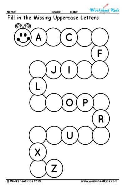 Free printable uppercase missing alphabet worksheet A to Z activity is wonderful way to test the kids understanding about uppercase English letters. kids finishing this worksheet practice will able to writing the letters A to Z. Kertas Kerja Prasekolah, Aktiviti Prasekolah, Alphabet Letter Worksheets, Alphabet Activities Kindergarten, Letter Worksheets For Preschool, Missing Letters, Summer Worksheets, English Worksheets For Kindergarten, Abc Worksheets