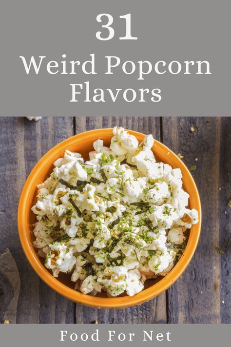 Popcorn isn't always predictable. There are some weird popcorn flavors out there too, including the 31 on this list. #popcorn #gourmet Gourmet Popcorn Flavors, Popcorn Flavoring Recipes, Unique Popcorn Recipes, Puff Popcorn Recipes, Savoury Popcorn Recipes, Savory Popcorn Balls, Fancy Popcorn Recipes, Pumpkin Spice Popcorn, Flavored Popcorn Recipes Savory