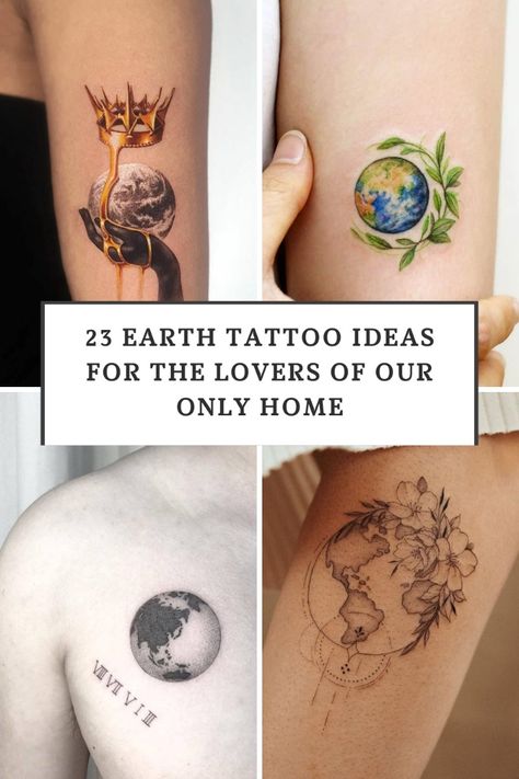 An Earth tattoo is perfect for environmentalists who want to display their love for our planet. Earth Tattoos Men, Environmentalist Tattoo, Tiny Earth Tattoo, Earth Tattoos For Women, Earthling Tattoo, Woman And Earth Tattoo, Tattoos For Earth Lovers, Planet Earth Tattoo Design, Black And White Earth Tattoo