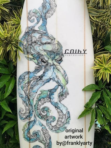 Octopus Surfboard Art, Surf Boards, Surfboard Art, Art Watercolour, Deep Ocean, Surf Art, Ocean Life, Board Ideas, Octopus