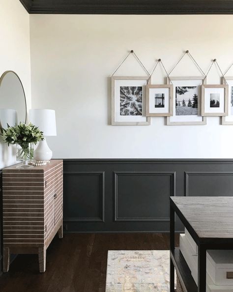 Dark Wainscoting Dining Room, Dining Room Wainscoting Paint, Short Board And Batten Wall, Dark Board And Batten Wall, Wainscoting Ideas Dining Room, Painted Chair Rail, Dining Room Wainscoting Ideas, Dark Wainscoting Ideas, Black Wainscoting